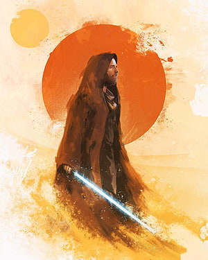 Obi-Wan Kenobi in a Hooded Cloak Holding a Blue Lightsaber Against a Large Orange Sun HD phone wallpaper