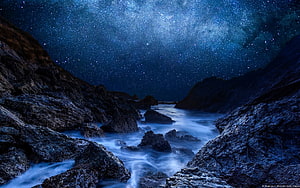 Milky Way Galaxy Over Rocky River Canyon at Night HD wallpaper
