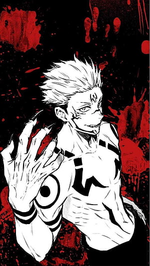 Sukuna from Jujutsu Kaisen in Black and White Manga Style with Red Blood Splatter Background HD phone wallpaper