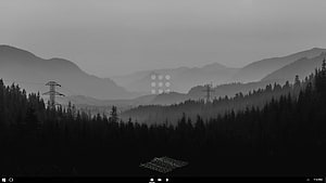 Monochrome Misty Mountain Valley with Power Lines and Coniferous Forest HD wallpaper