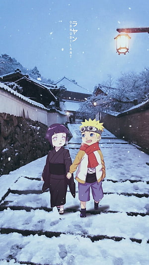 Young Naruto and Hinata Walking Hand in Hand Through a Snowy Japanese Village at Dusk HD phone wallpaper