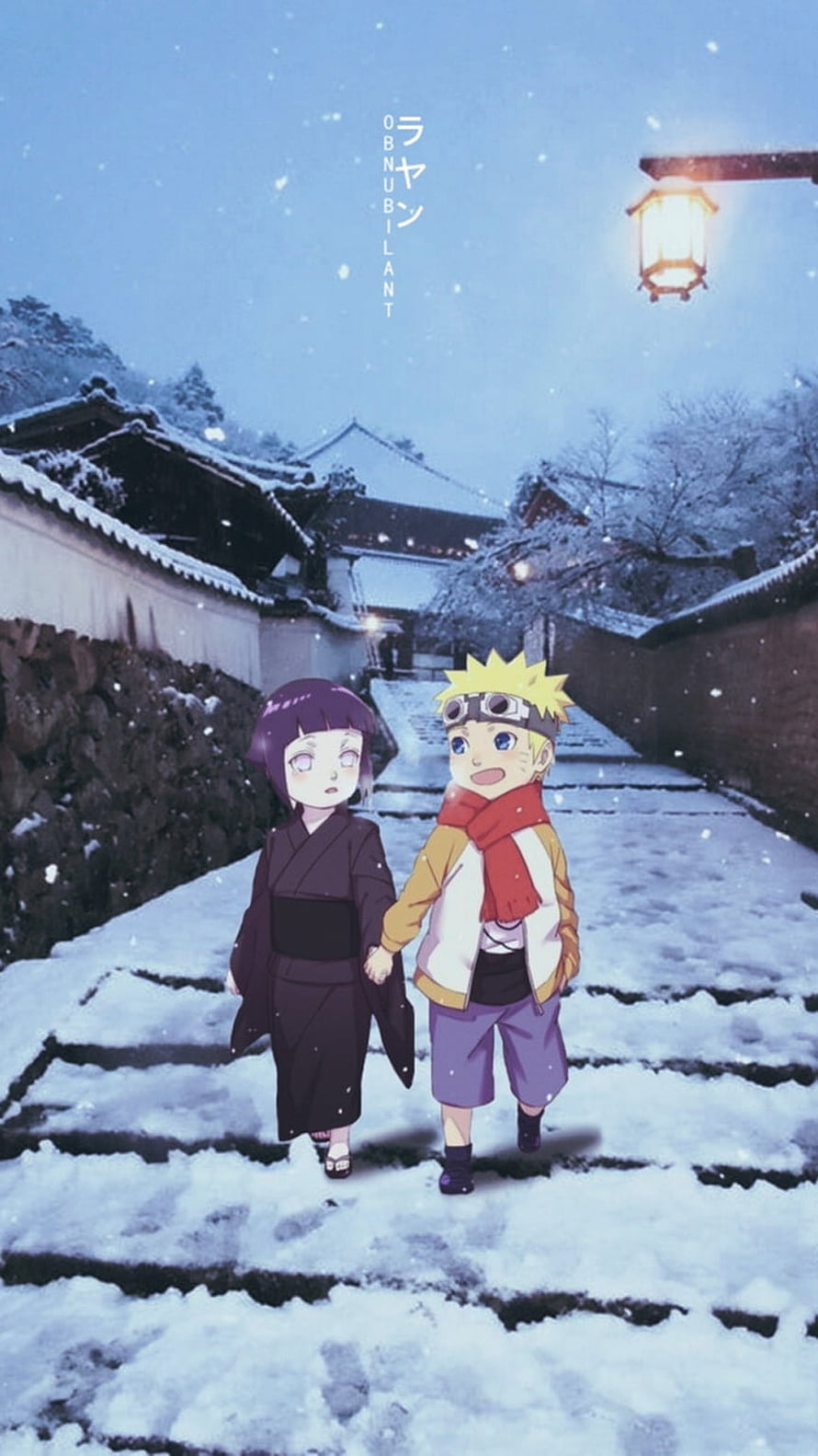 Young Naruto and Hinata Walking Hand in Hand Through a Snowy Japanese Village at Dusk HD phone wallpaper