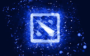 Dota 2 glowing emblem with electric blue energy particles and abstract neon background HD wallpaper