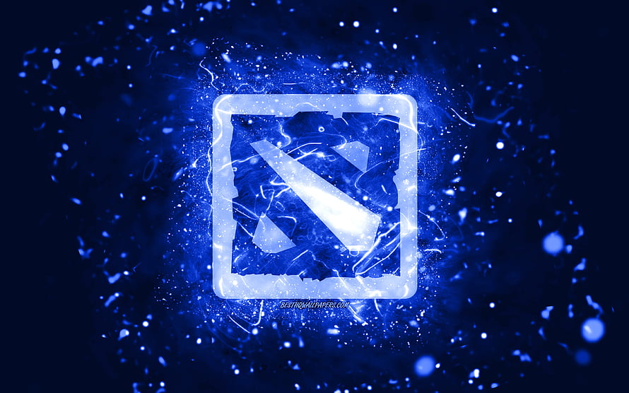 Dota 2 glowing emblem with electric blue energy particles and abstract neon background HD wallpaper