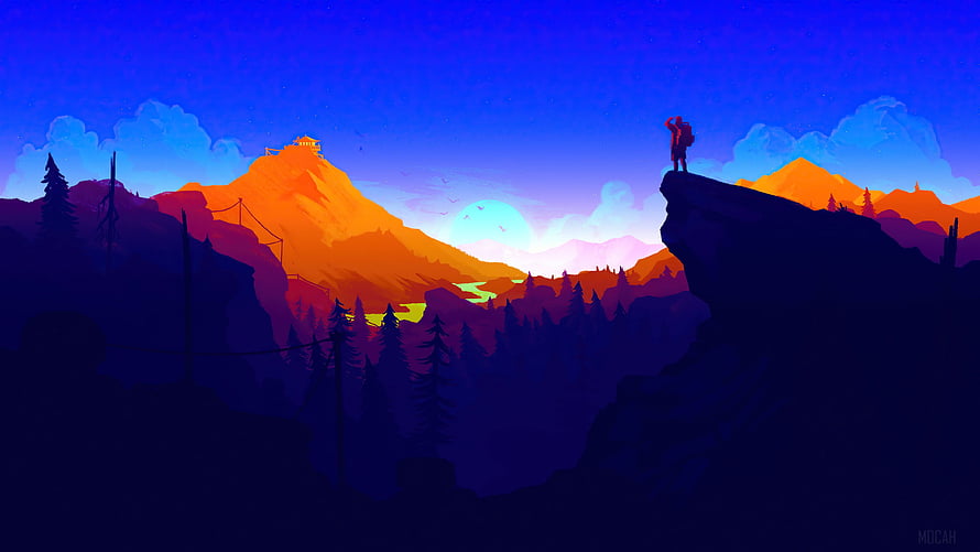 Vibrant Digital Illustration of a Hiker on a Cliff Overlooking a Mountain Valley at Sunset HD wallpaper