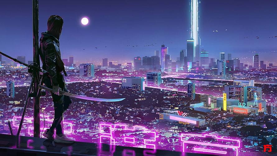 Cyberpunk 2077 Samurai Character Overlooking Neon Night City Skyline HD wallpaper