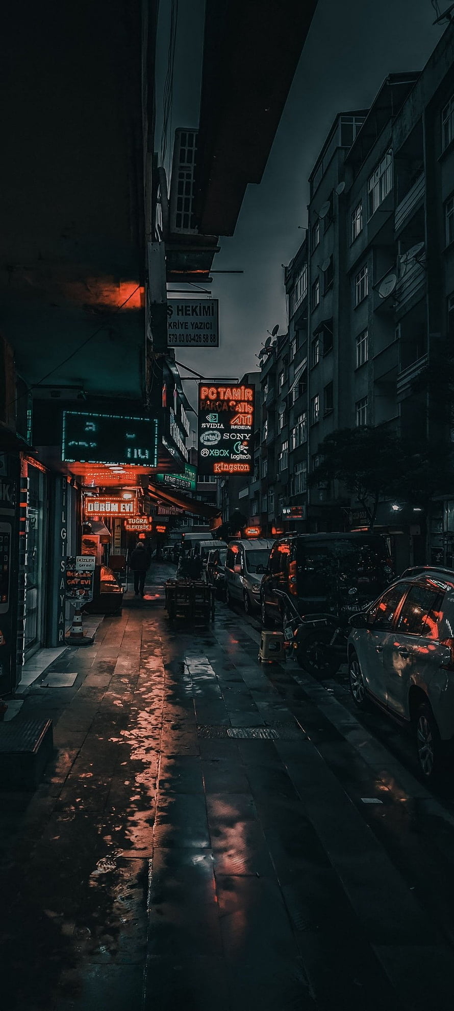 Moody Wet Street Scene with Neon Signs and Parked Cars at Dusk HD phone wallpaper