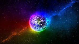 Vibrant Rainbow Earth and Moon Set Against a Colorful Cosmic Nebula and Starfield HD wallpaper