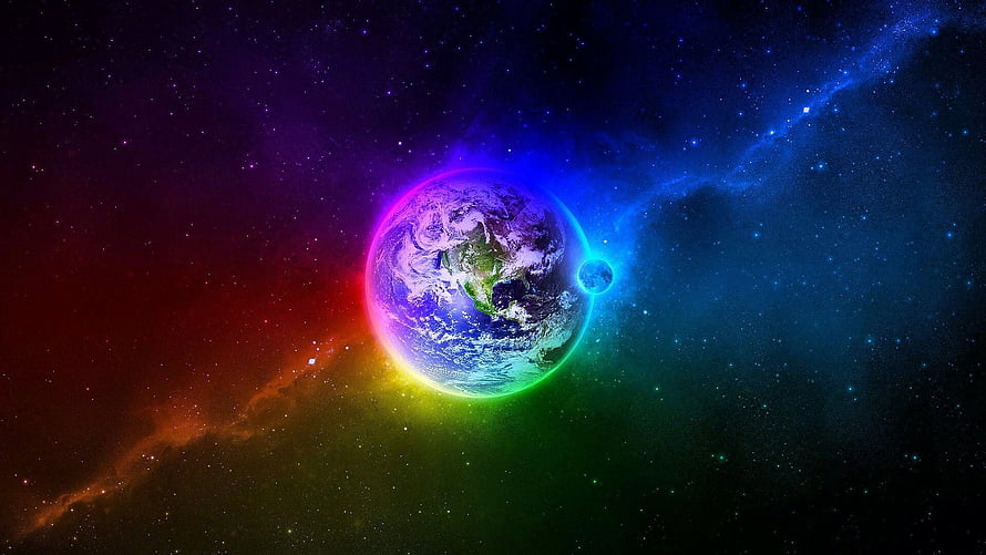 Vibrant Rainbow Earth and Moon Set Against a Colorful Cosmic Nebula and Starfield HD wallpaper