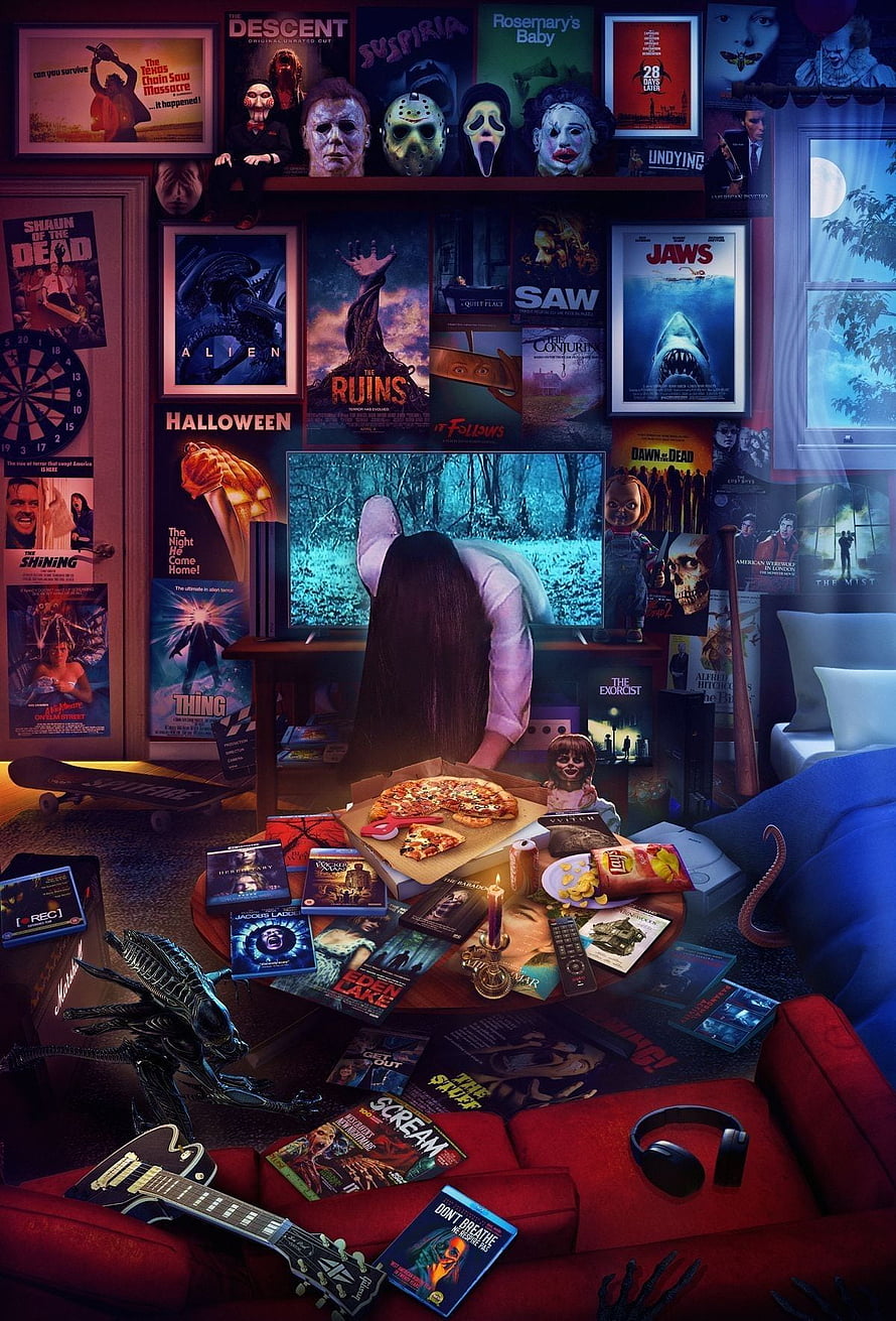 Cozy Horror Movie Night Room Decor with Classic Film Posters and Masks HD phone wallpaper