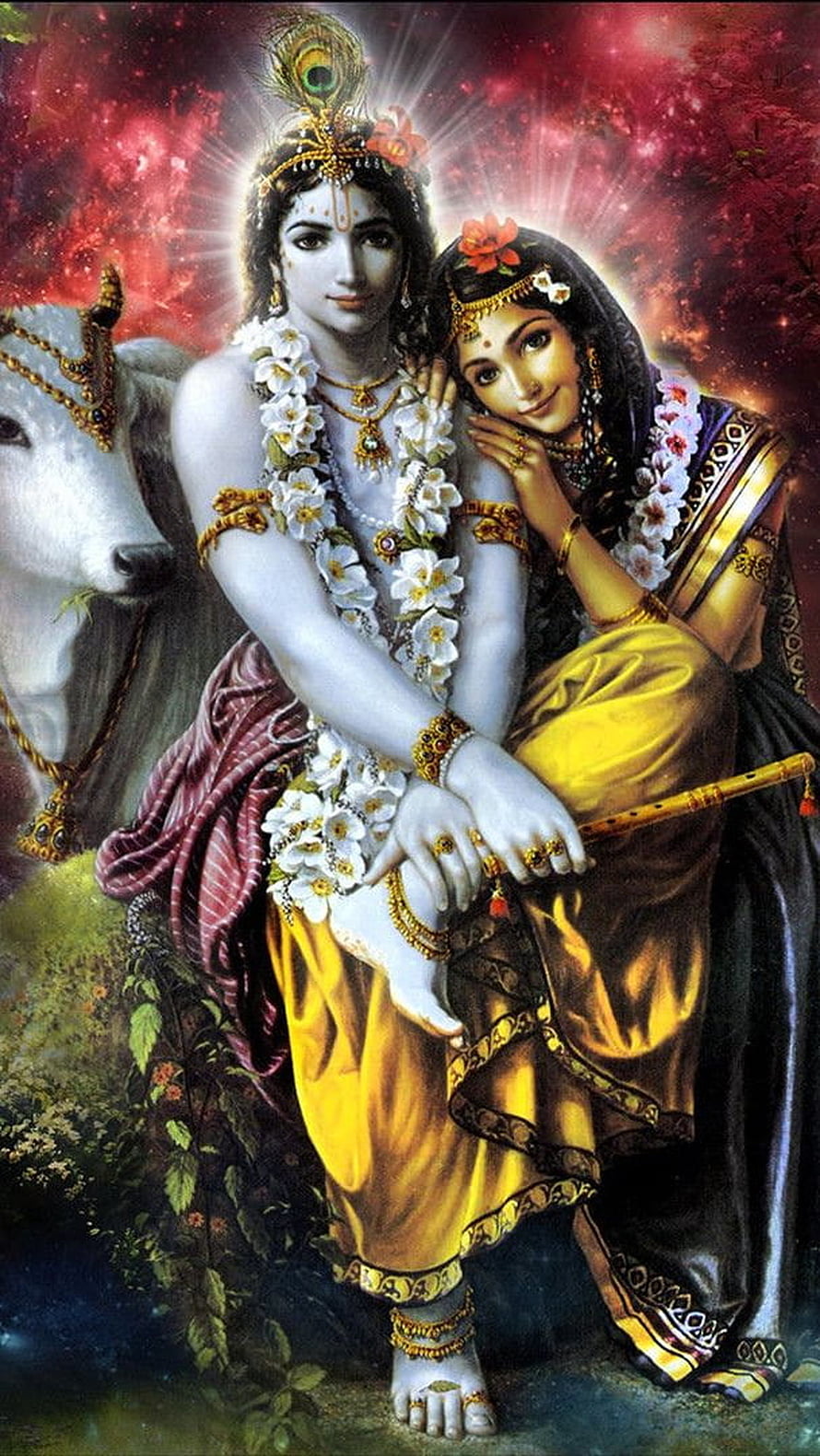 Radha Krishna Devotional Artwork with White Cow and Flute in Cosmic Setting HD phone wallpaper