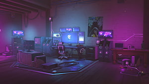 Neon-lit cyberpunk gaming room with multi-monitor setup and purple ambient lighting HD wallpaper
