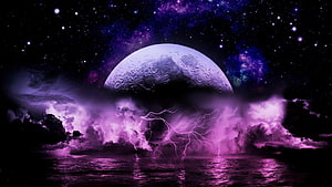 Giant Moon Rising Over Stormy Ocean With Purple Lightning and Starry Sky HD wallpaper
