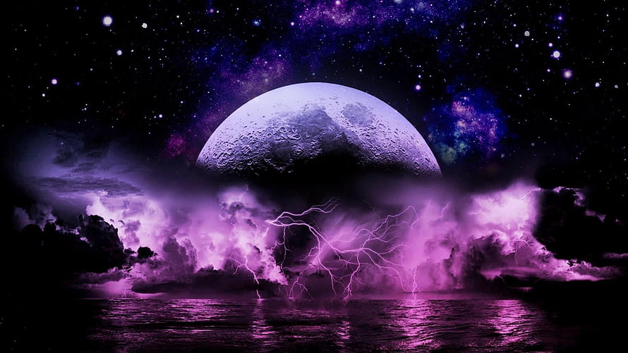 Giant Moon Rising Over Stormy Ocean With Purple Lightning and Starry Sky HD wallpaper