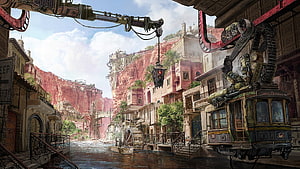 Steampunk Cityscape With Mechanical Tram And Red Canyon Architecture HD wallpaper