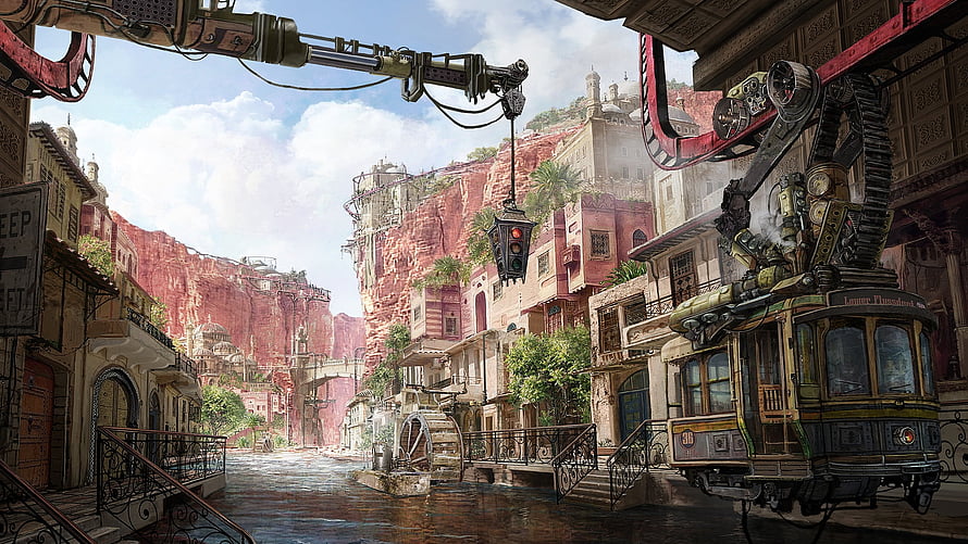 Steampunk Cityscape With Mechanical Tram And Red Canyon Architecture HD wallpaper
