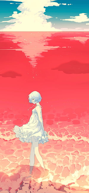 Rei Ayanami in White Dress Standing in Vibrant Red Landscape HD phone wallpaper