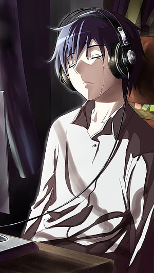 Melancholic Anime Boy Wearing Headphones in a Dimly Lit Room HD phone wallpaper
