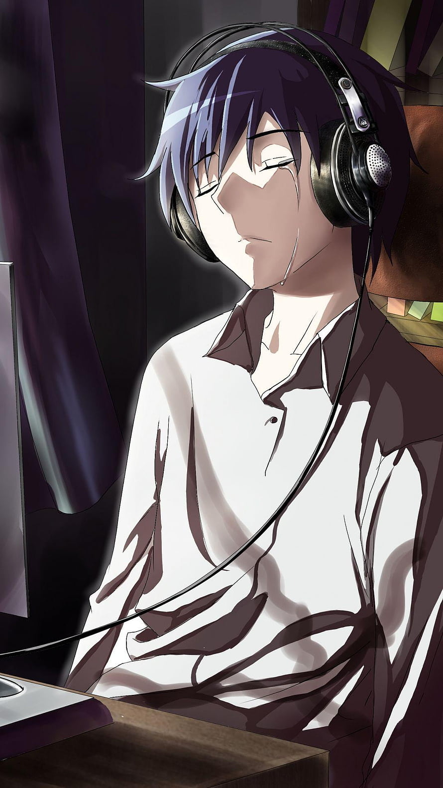 Melancholic Anime Boy Wearing Headphones in a Dimly Lit Room HD phone wallpaper