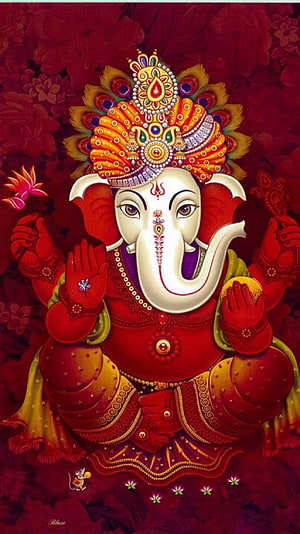 Ganesha Devotional Painting with Ornate Crown and Red Floral Background HD phone wallpaper