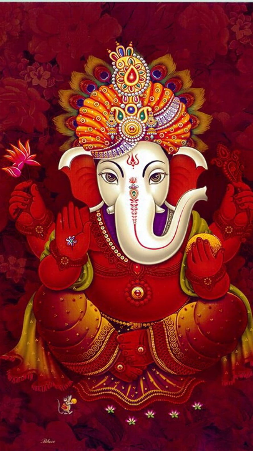 Ganesha Devotional Painting with Ornate Crown and Red Floral Background HD phone wallpaper