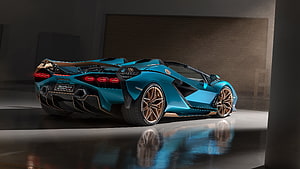 Lamborghini Sian Roadster in Teal with Bronze Accents in a Dark Studio Setting HD wallpaper