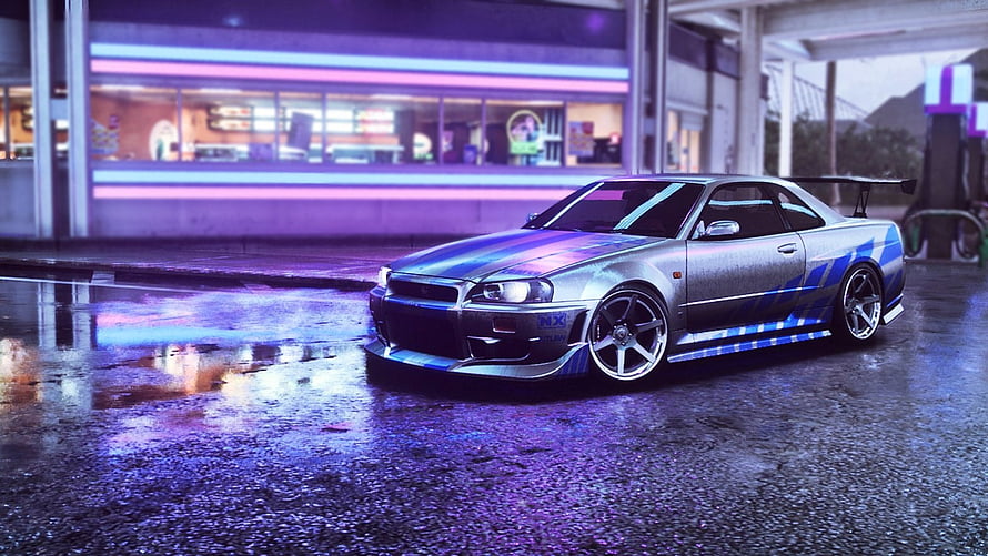 Nissan Skyline GT-R R34 in Neon-Lit Night Street Scene HD wallpaper