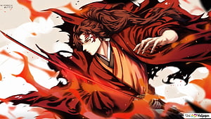 Yoriichi Tsugikuni wielding a katana in a dynamic red and black anime illustration HD wallpaper