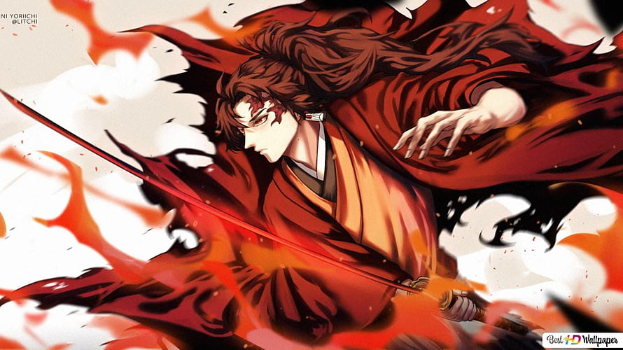 Yoriichi Tsugikuni wielding a katana in a dynamic red and black anime illustration HD wallpaper