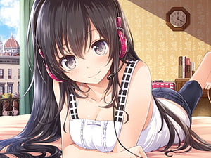 Anime Girl Lying on Bed Wearing Pink Headphones and White Top HD wallpaper