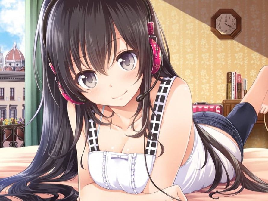 Anime Girl Lying on Bed Wearing Pink Headphones and White Top HD wallpaper