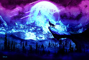 Lone Wolf Howling at a Giant Moon Over Snowy Peaks and Pine Forest HD wallpaper