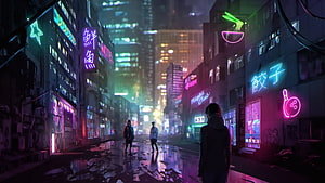 Neon-Lit Cyberpunk Street Scene with Rain-Soaked Reflections and Asian Signage HD wallpaper