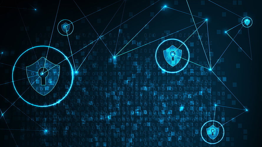 Cybersecurity Network Defense with Glowing Shield Icons and Binary Code Background HD wallpaper