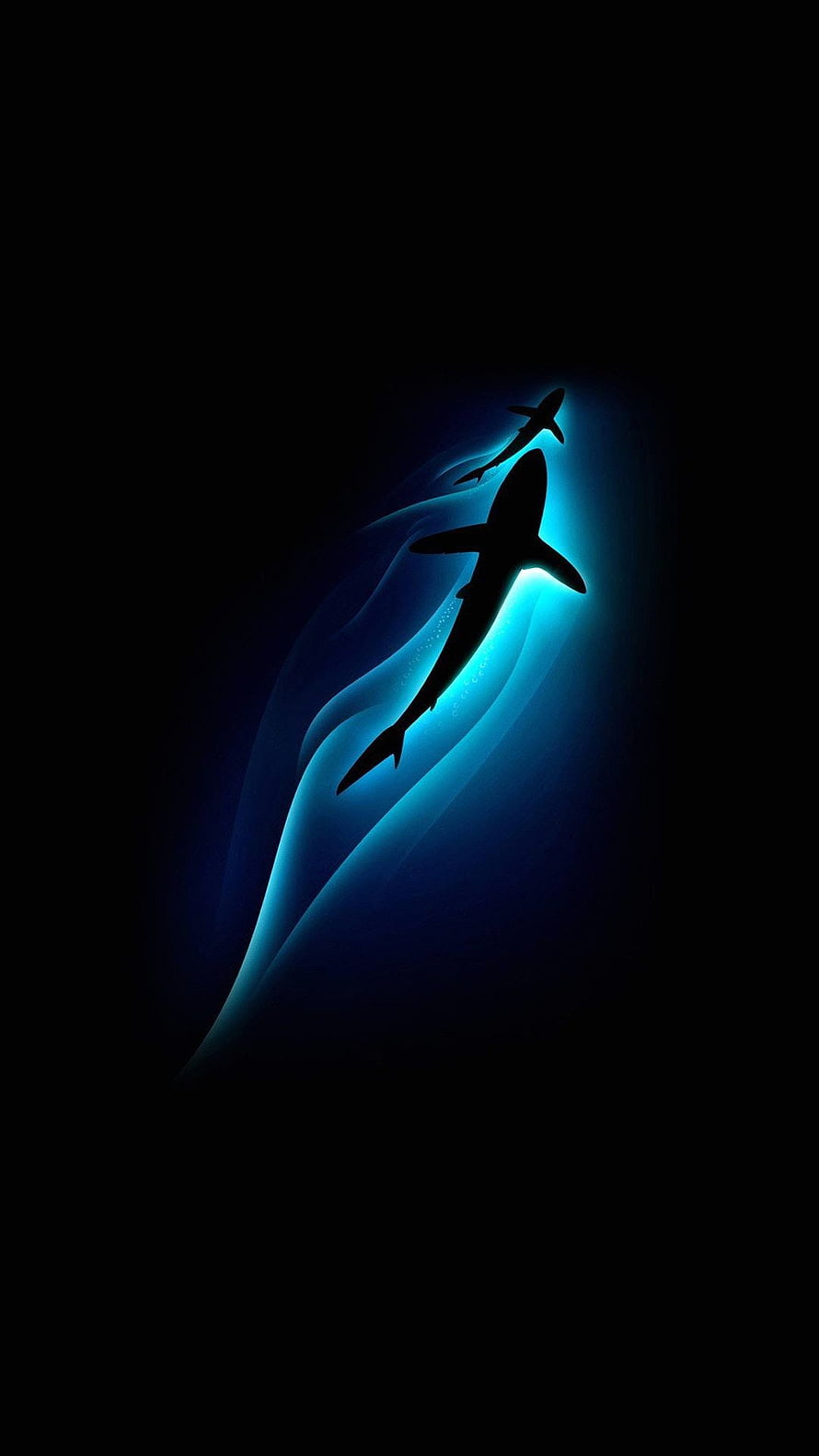 Minimalist Shark Silhouette with Neon Blue Glow on Dark Background HD phone wallpaper
