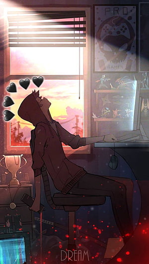 Anime Boy Sitting in Gaming Room at Sunset with Trophy and Controller HD phone wallpaper