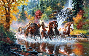 Seven Horses Galloping Through a Stream in a Vibrant Autumn Forest with Waterfall HD wallpaper