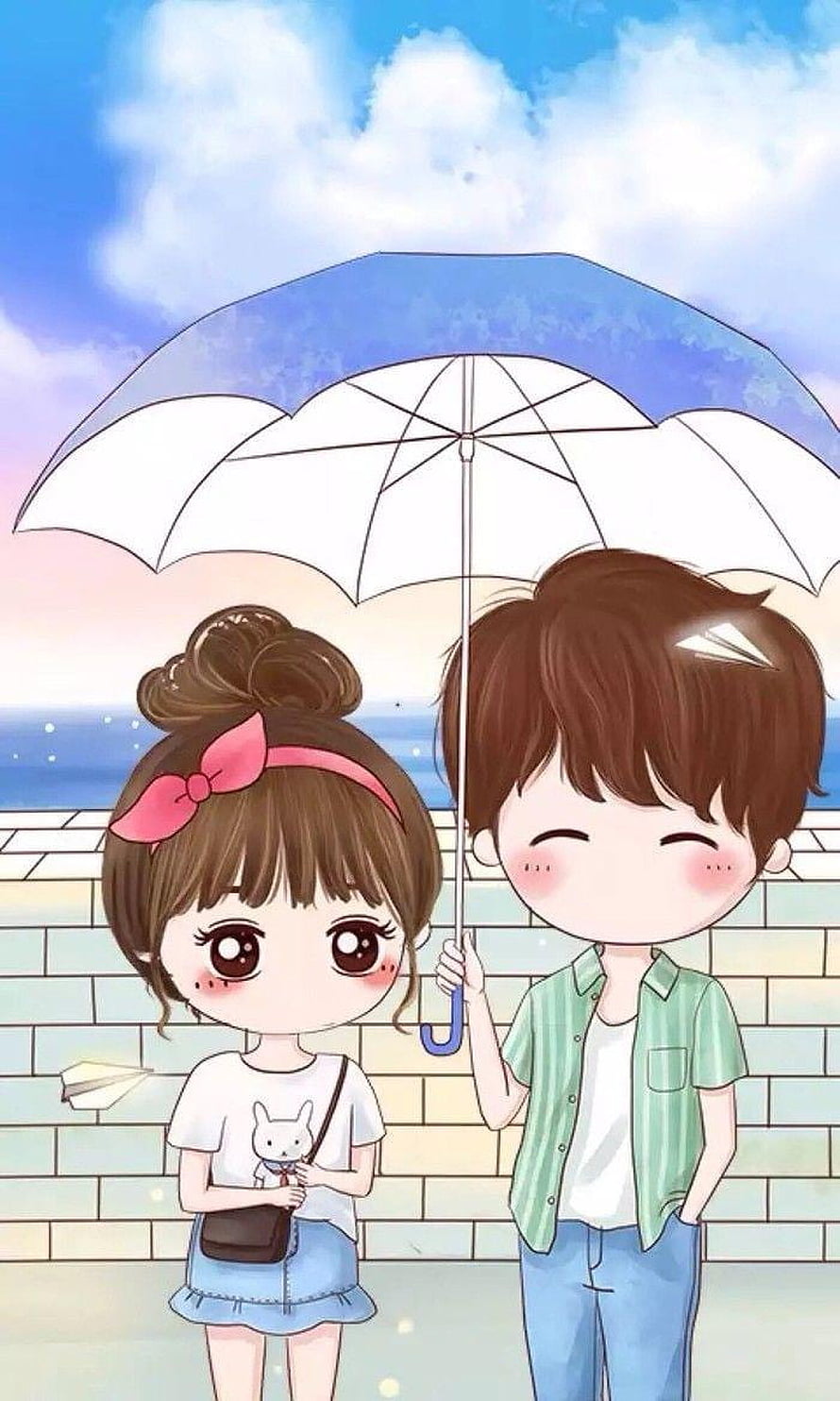 Cute Korean Couple Cartoon Under Umbrella By The Sea HD phone wallpaper