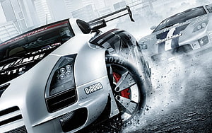 Silver Supercar Drifting Through Rainy City Streets With Water Spray HD wallpaper