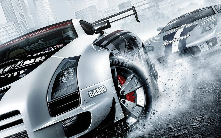 Silver Supercar Drifting Through Rainy City Streets With Water Spray HD wallpaper