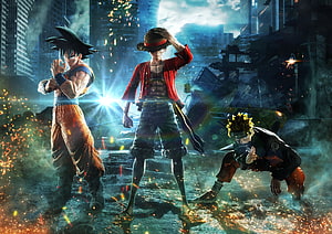 Goku, Monkey D Luffy, and Naruto in Epic Jump Force Battle Scene HD wallpaper
