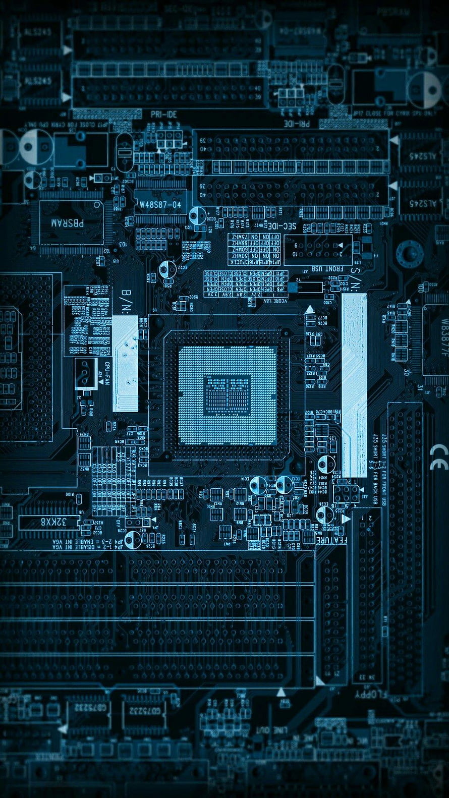 Dark Blue Circuit Board Close-Up with Central Processor and Traces HD phone wallpaper