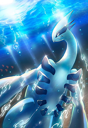 Lugia Rising Through Radiant Blue Waters With Electric Energy and Sparkling Light HD phone wallpaper