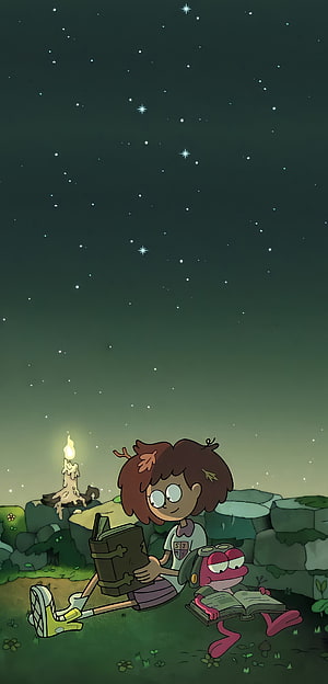 Amphibia Anne and Sprig Reading Books Under Starry Night Sky HD phone wallpaper