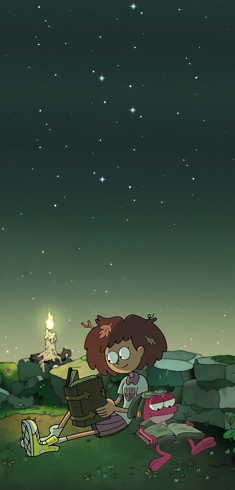 Amphibia Anne and Sprig Reading Books Under Starry Night Sky HD phone wallpaper