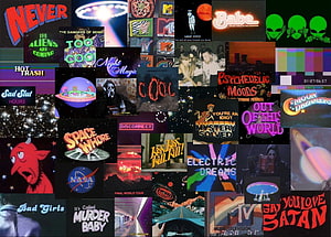 Retro 90s Grunge Aesthetic Collage with Neon Typography and VHS Imagery HD wallpaper