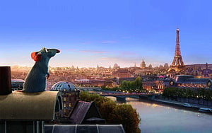 Ratatouille Remy Mouse Gazing at Paris Cityscape with Eiffel Tower at Dusk HD wallpaper
