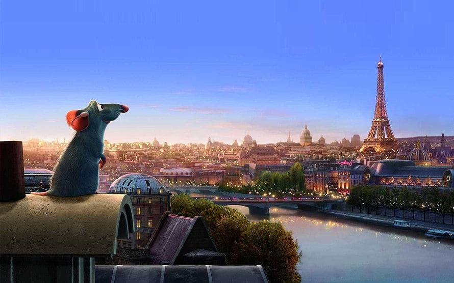 Ratatouille Remy Mouse Gazing at Paris Cityscape with Eiffel Tower at Dusk HD wallpaper