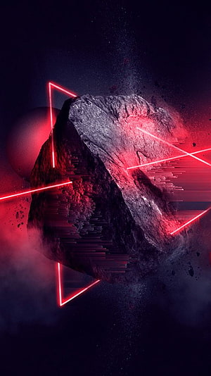 Glitch Art Space Rock with Neon Red Laser Triangles and Digital Distortion HD phone wallpaper