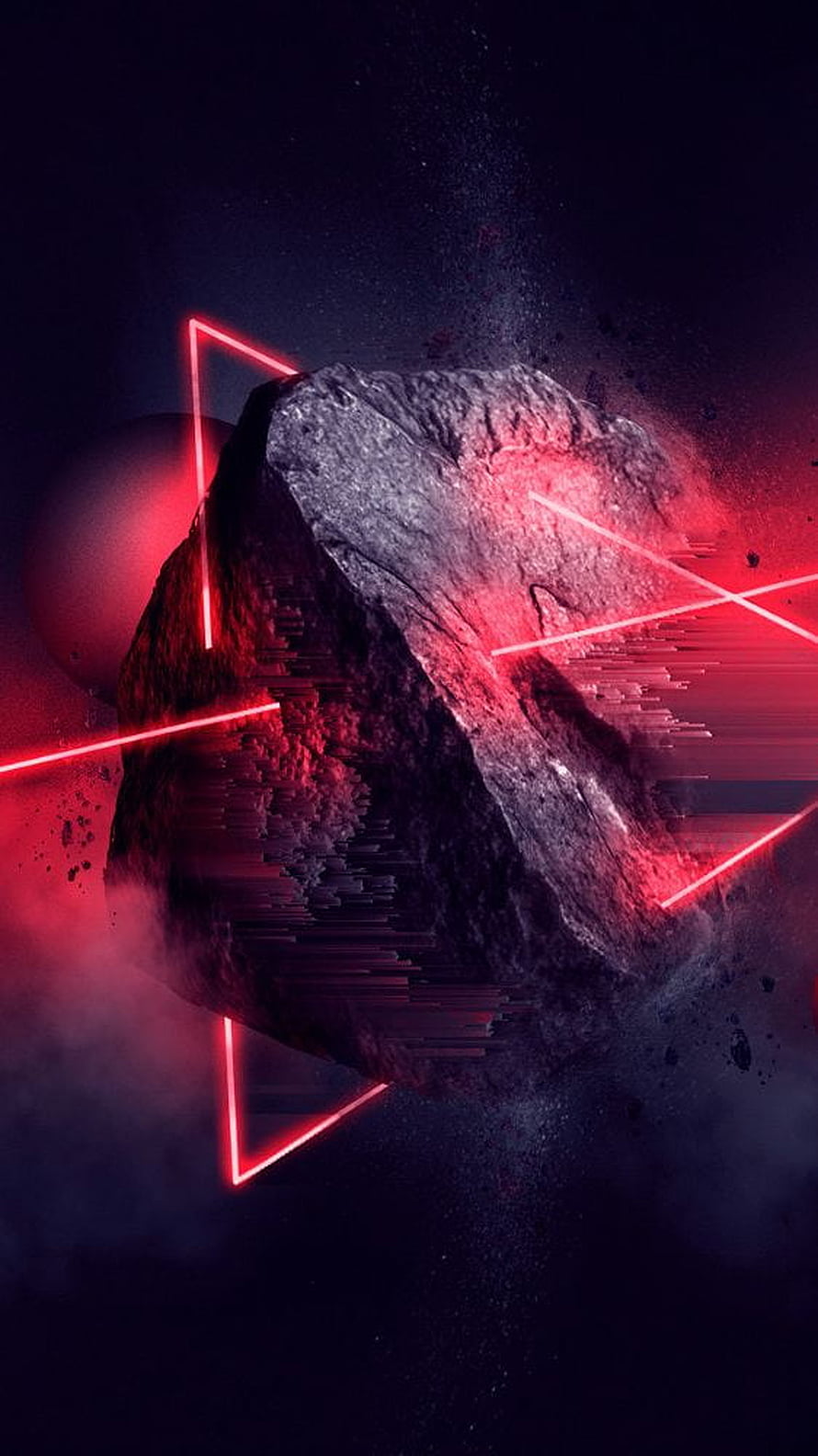 Glitch Art Space Rock with Neon Red Laser Triangles and Digital Distortion HD phone wallpaper